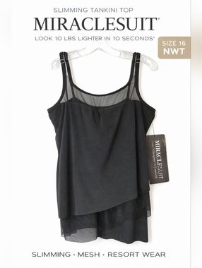 Miraclesuit Black Mesh Tankini Top Slimming Swimwear Size 16 NWT